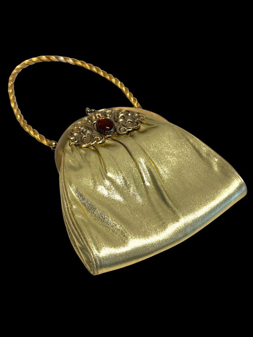 Vintage 1950's Evening Handbag Designer Harry Levine Gold & Amber Stone Kisslock